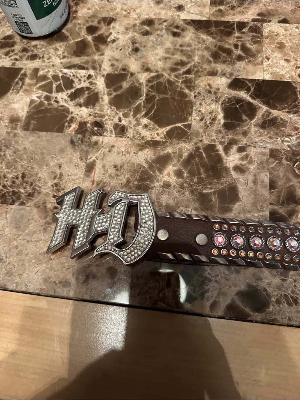 Kippys Brown Leather Belt with Rhinestone HD Buckle and Multicolor Crystal Studs